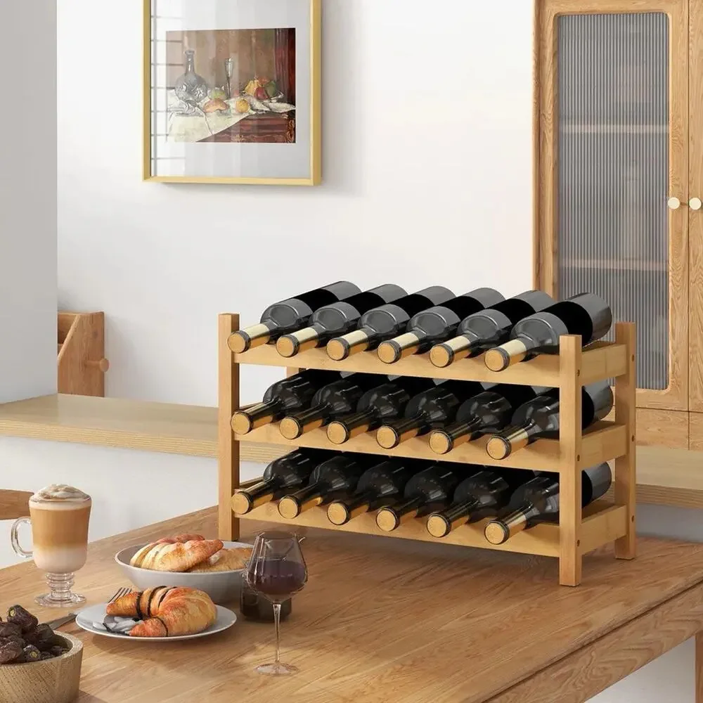 Giantex Bamboo Wine Rack 3 Tier 18 Bottle Freestanding Wine Storage Shelf